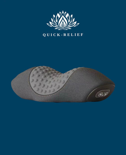 A gray neck and back massage pillow with a dial for adjusting the intensity of the massage and heat features, branded with 'Quick-Relief'.